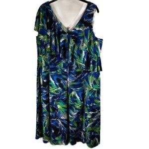 London Times blue/green tropical print summer dress, ruffle neckline, 2X